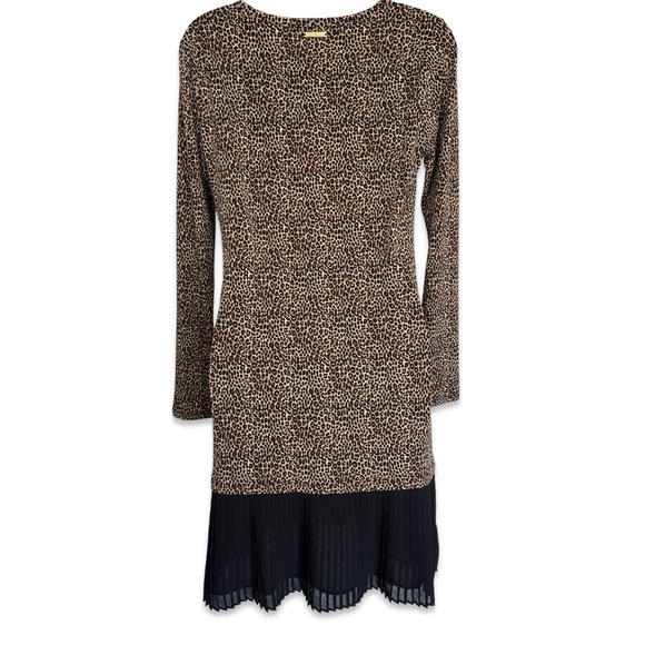 NWOT Michael Kors Drop Hem Leopard Long Sleeve Dress Pleated Stretchy Size XS - Picture 6 of 11